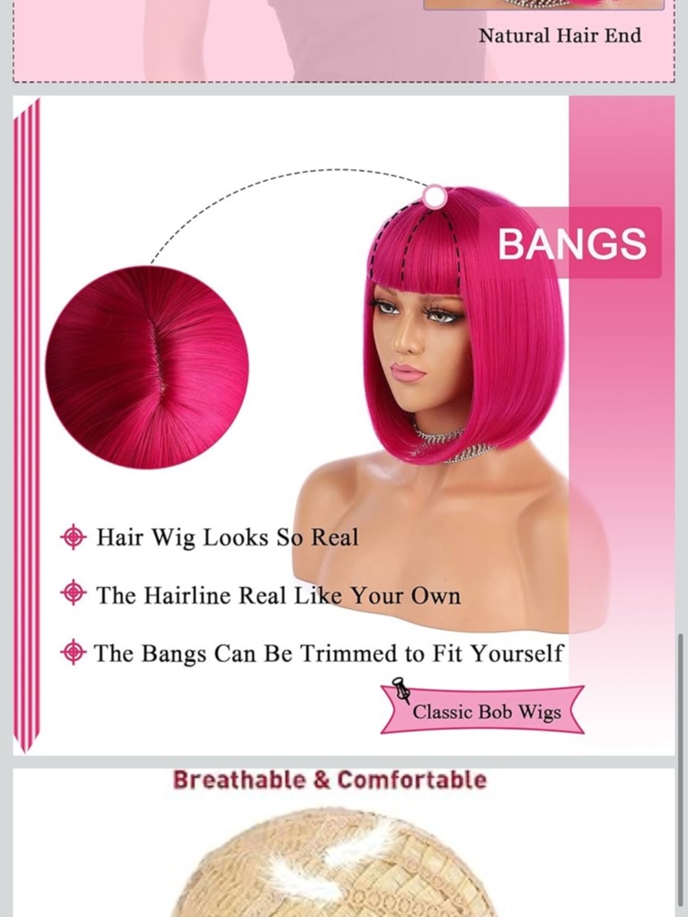 Short Bob Hair Wigs 12" Straight with Flat Bangs Synthetic Hot Pink - Picture 5 of 8